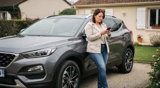 Automobiliste française réfléchissant au choix de son assurance auto devant son SUV
