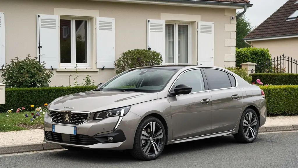 Véhicule familial type berline stationné devant maison française avec jardin