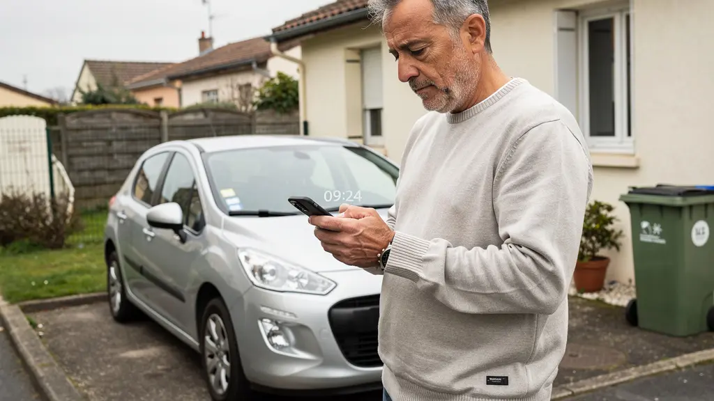 Conducteur comparant des devis assurance auto sur smartphone devant sa voiture familiale