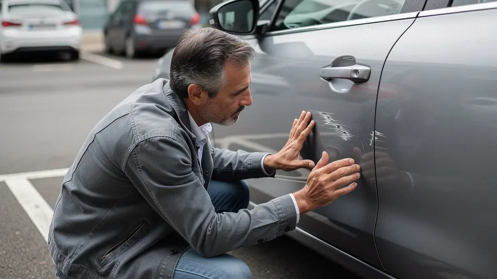 Conducteur inspectant une rayure sur sa portière de voiture dans un parking