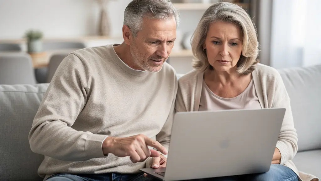 Couple comparant des offres d'assurance sur ordinateur portable dans leur salon