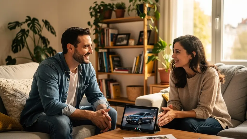 Couple français comparant des formules d'assurance auto dans leur salon