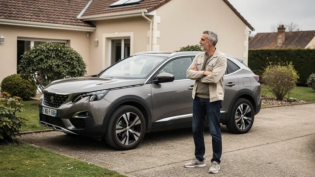 Propriétaire de 4x4 réfléchissant devant son véhicule garé dans une allée résidentielle