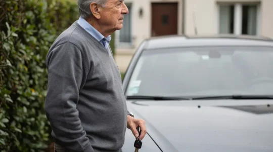 Conducteur senior vérifiant son assurance auto près de son véhicule dans une allée résidentielle