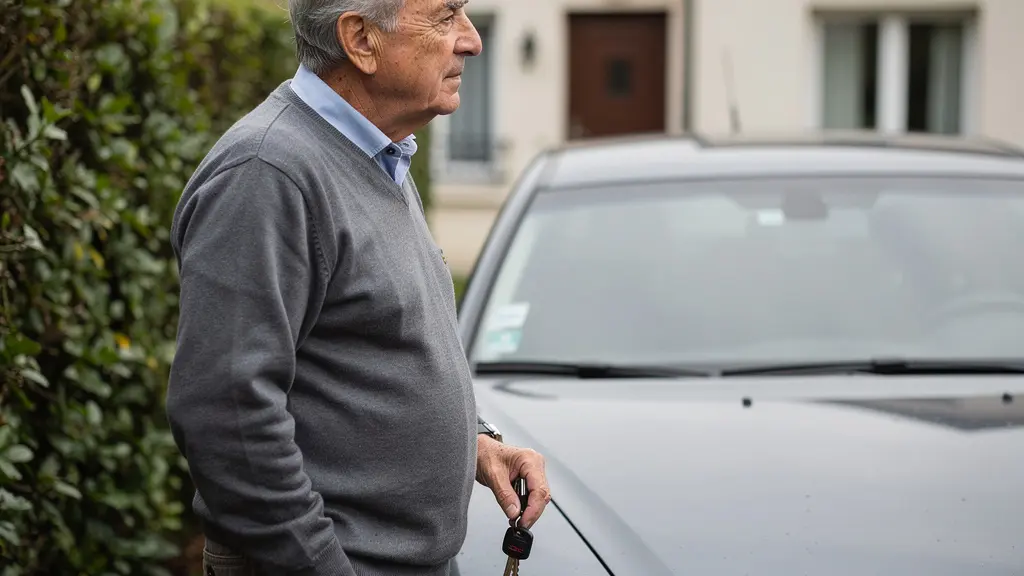 Conducteur senior vérifiant son assurance auto près de son véhicule dans une allée résidentielle