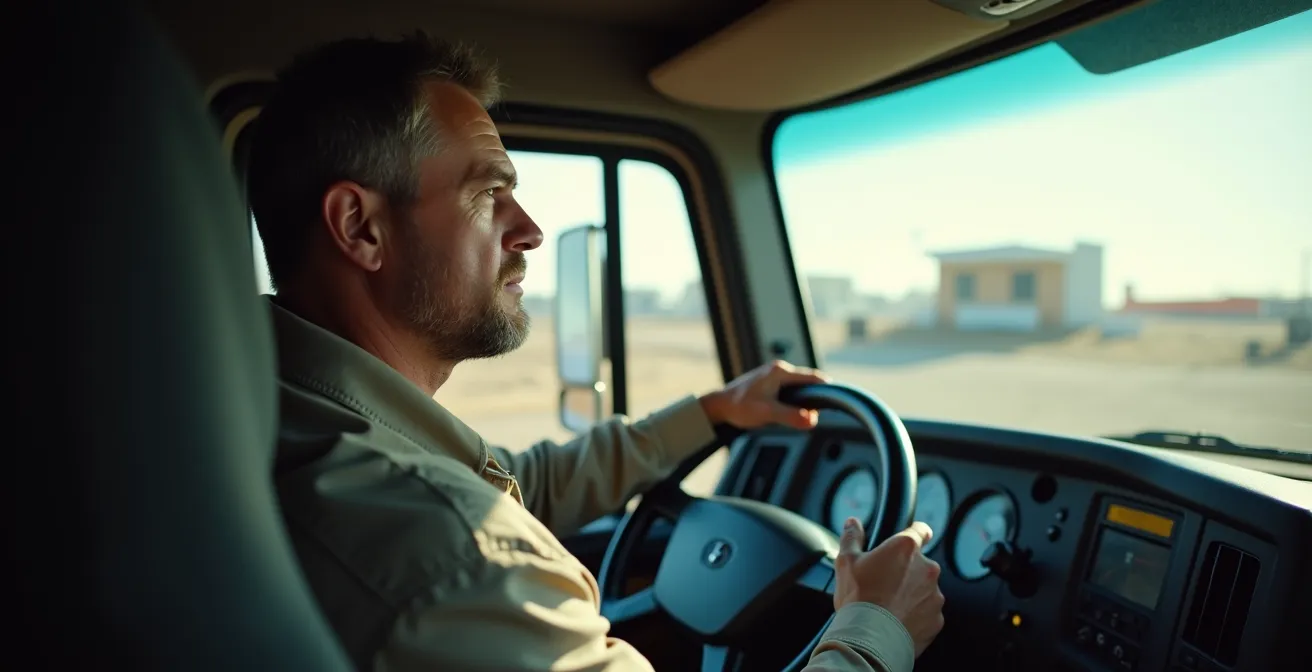 Chauffeur routier utilisant un téléphone satellite dans sa cabine pour contacter l'assistance juridique