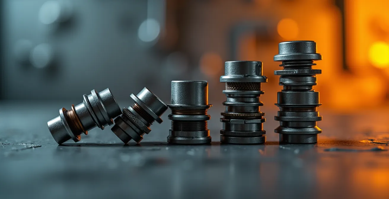 Vue macro détaillée de composants critiques avec effet de profondeur illustrant la fragilité de la chaîne logistique