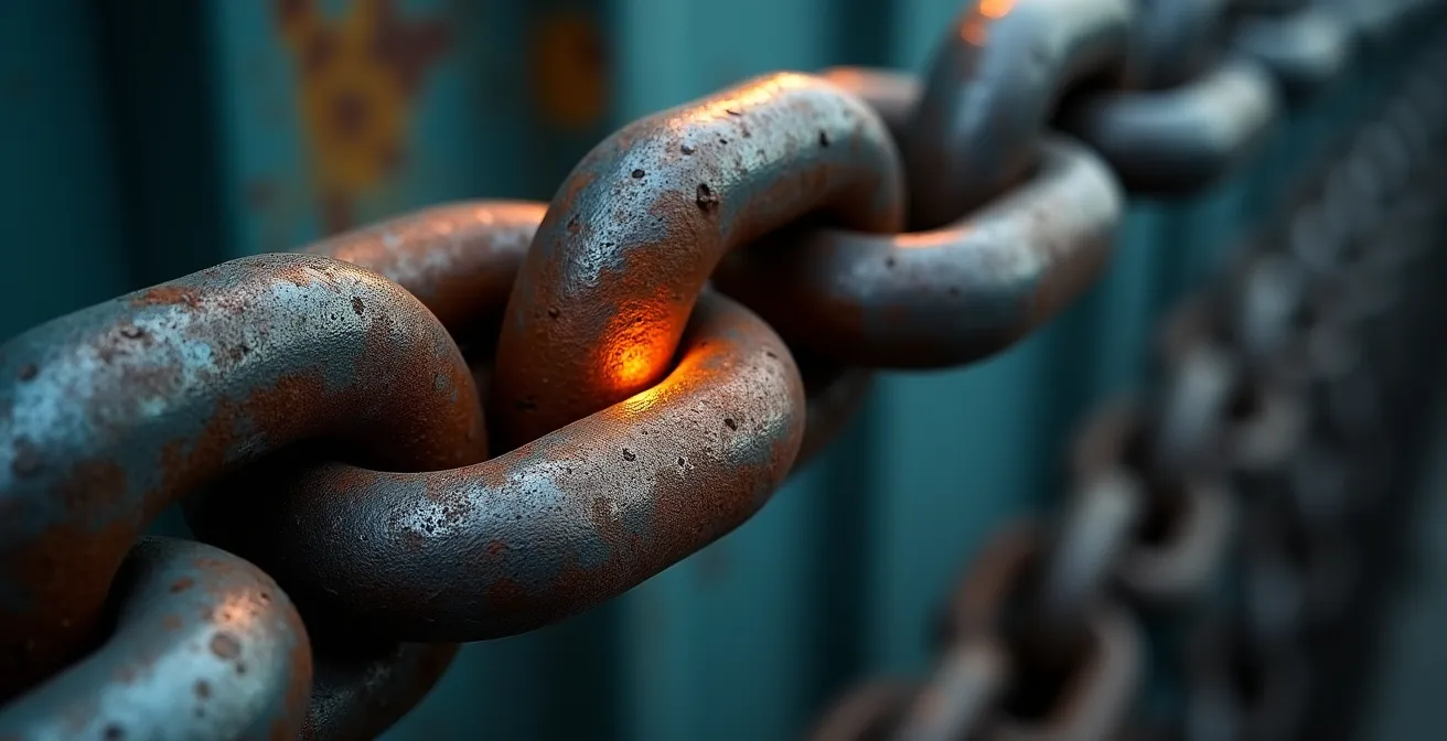 Vue macro d'une chaîne métallique avec focus sur un maillon central