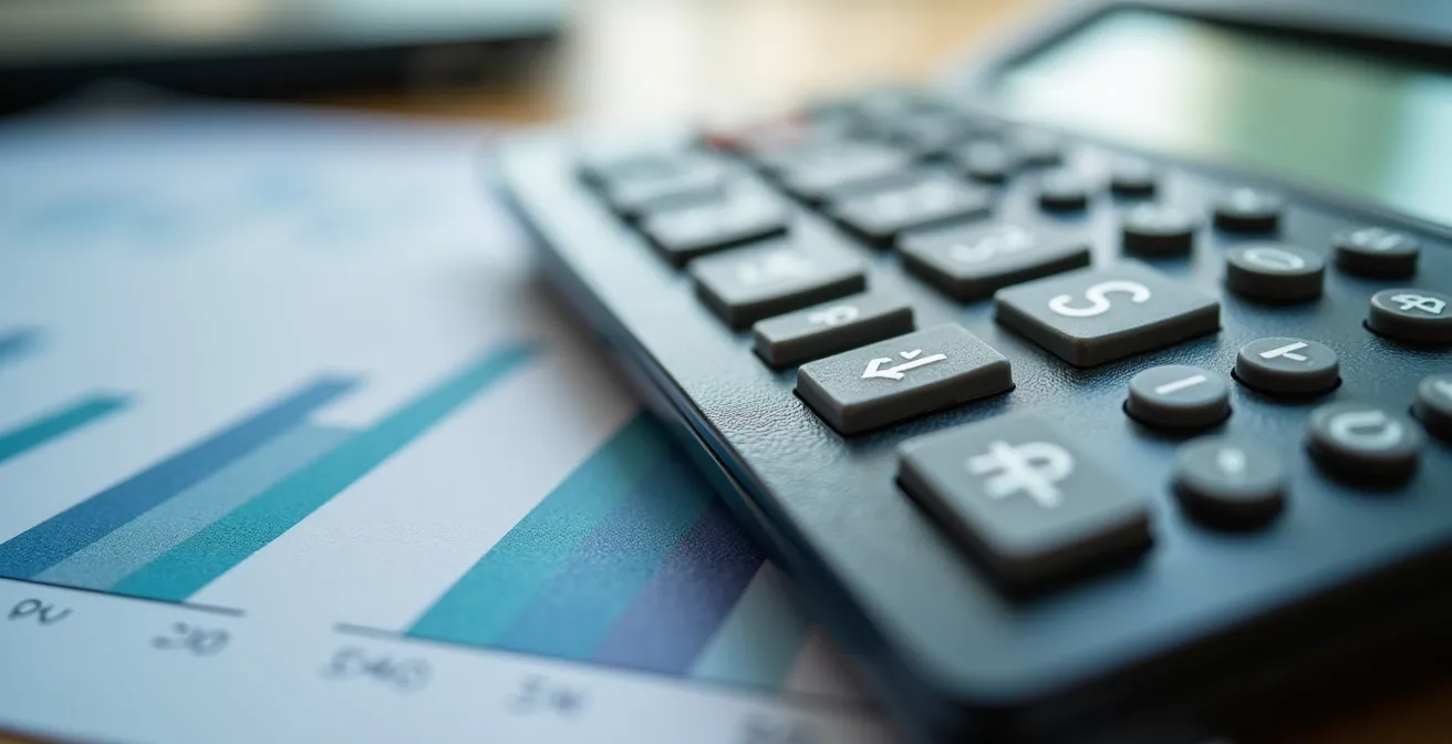 Tableau de calcul avec calculatrice et graphiques comparant les coûts d'assurance ad valorem sur un bureau professionnel