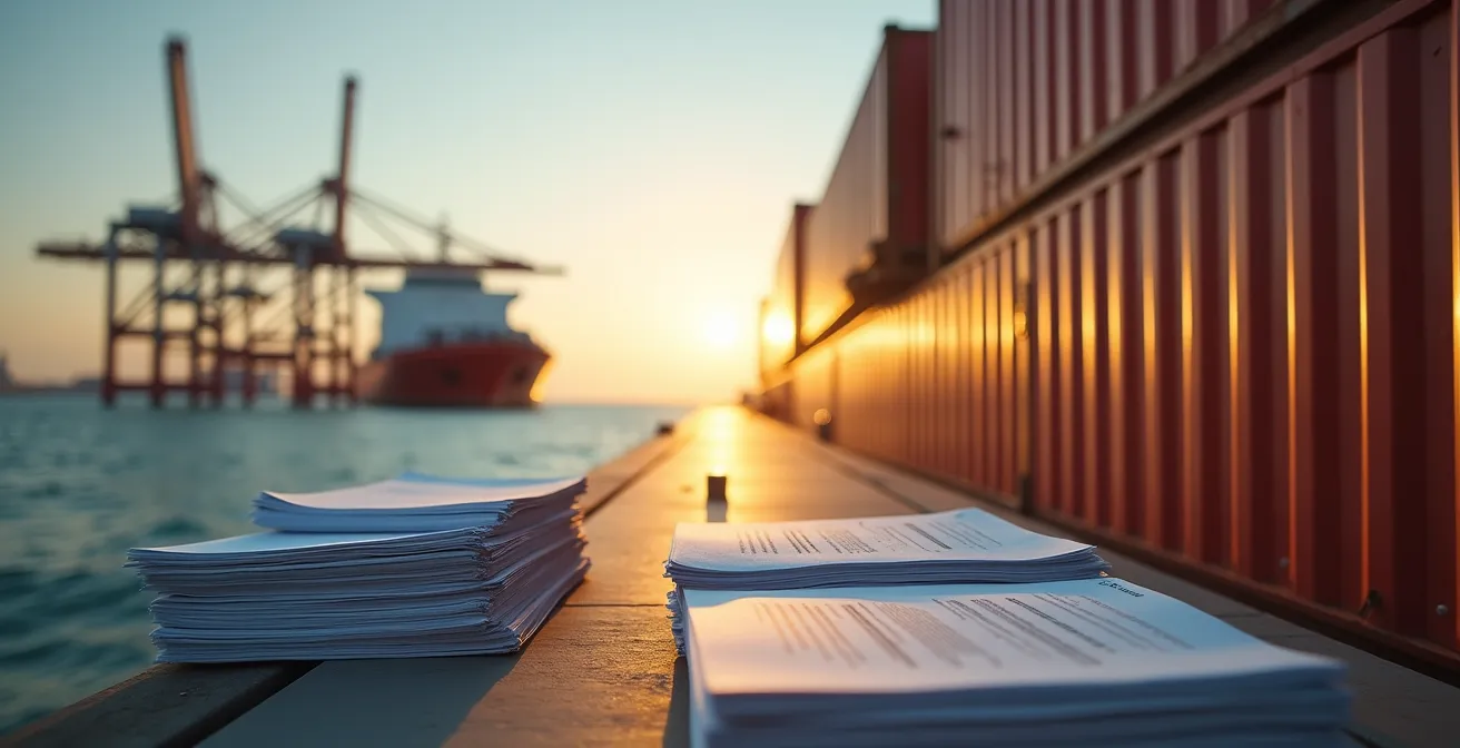 Décomposition visuelle des coûts entre valeur machine, transport et douane sur un conteneur maritime