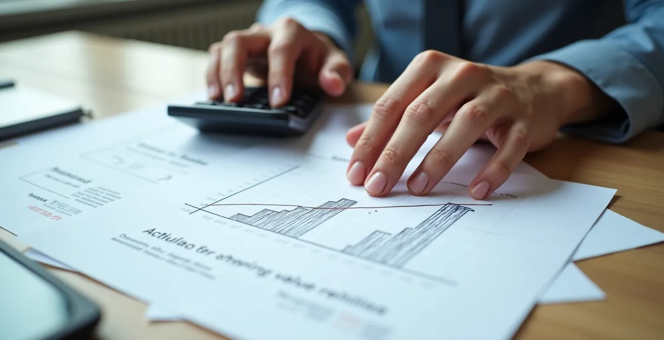 Mains utilisant une calculatrice avec documents de transport et graphique montrant l'écart de couverture