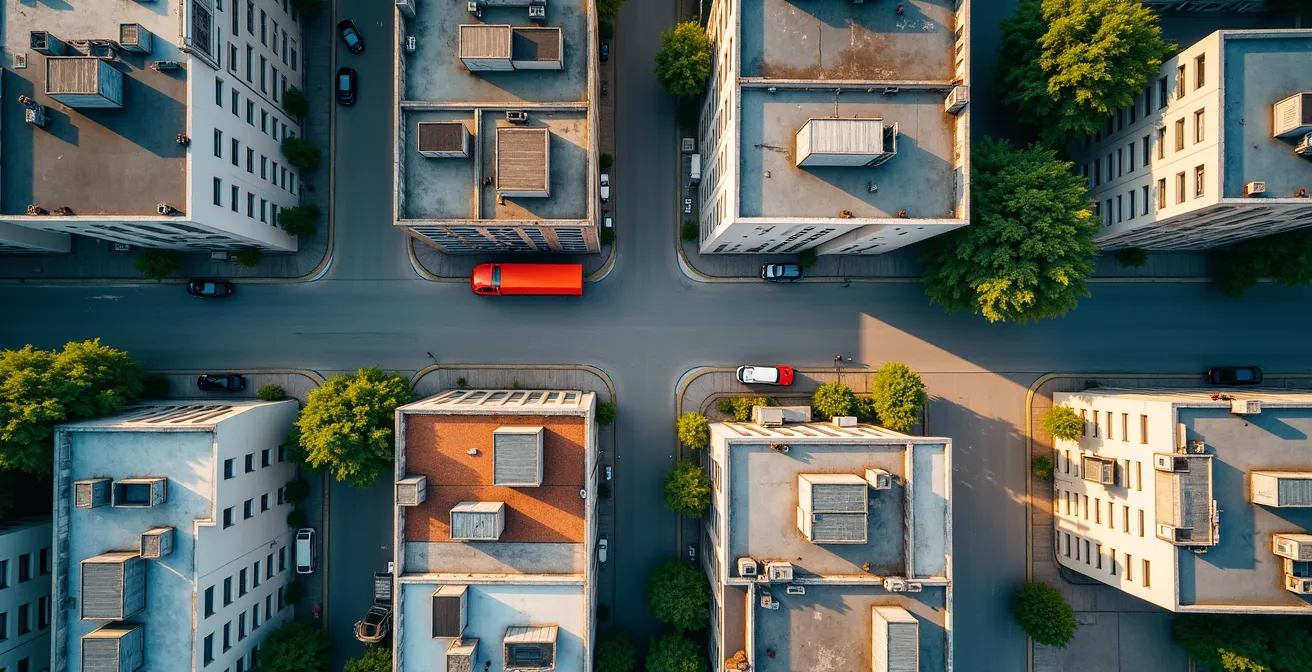 Vue aérienne d'une ville avec différentes zones colorées représentant les restrictions de circulation, camion de livraison en périphérie