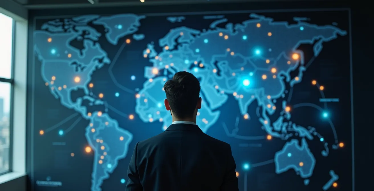 Perspective humaine observant un réseau complexe de connexions logistiques