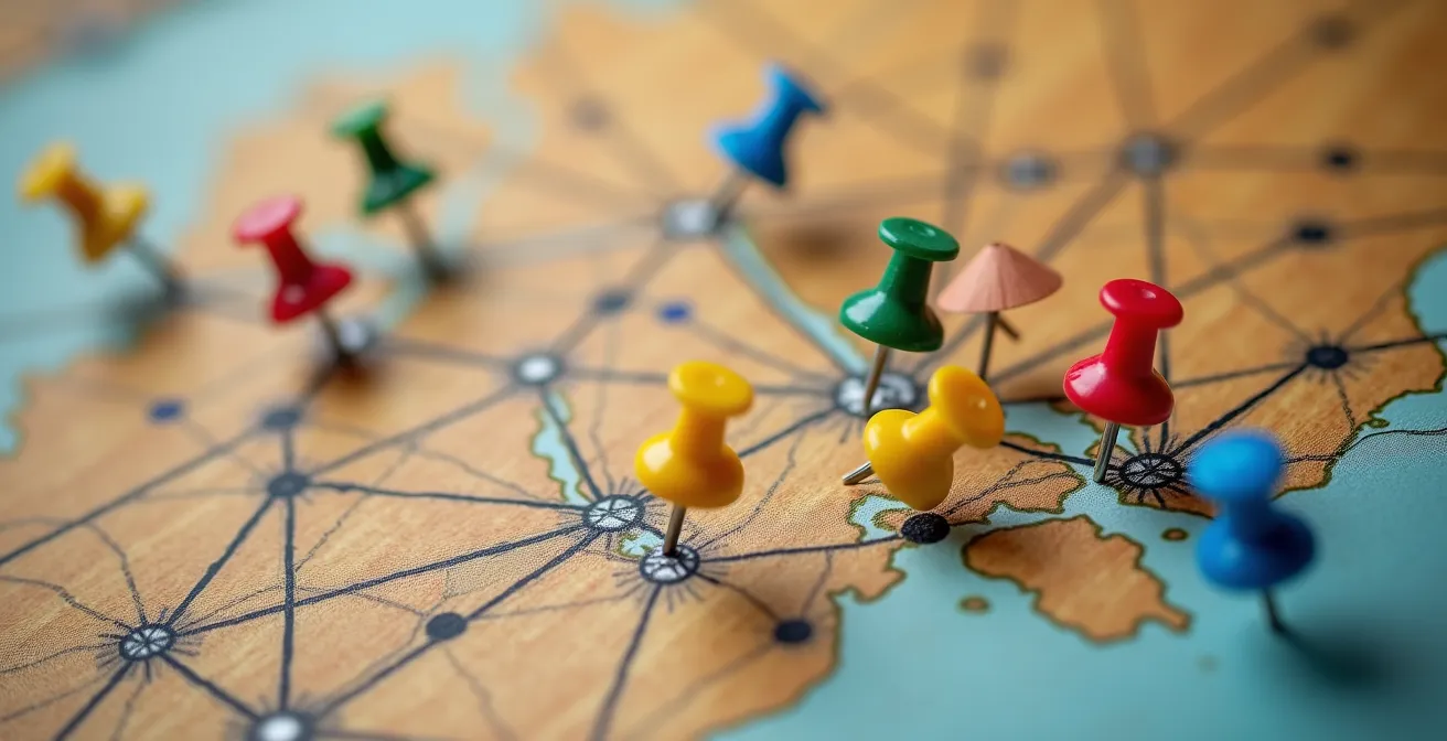 Vue macro d'une carte avec épingles colorées marquant différentes zones de risque