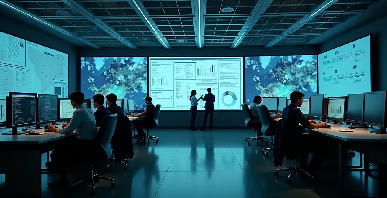 Salle de crise avec équipe de communication coordonnant la réponse à un incident environnemental