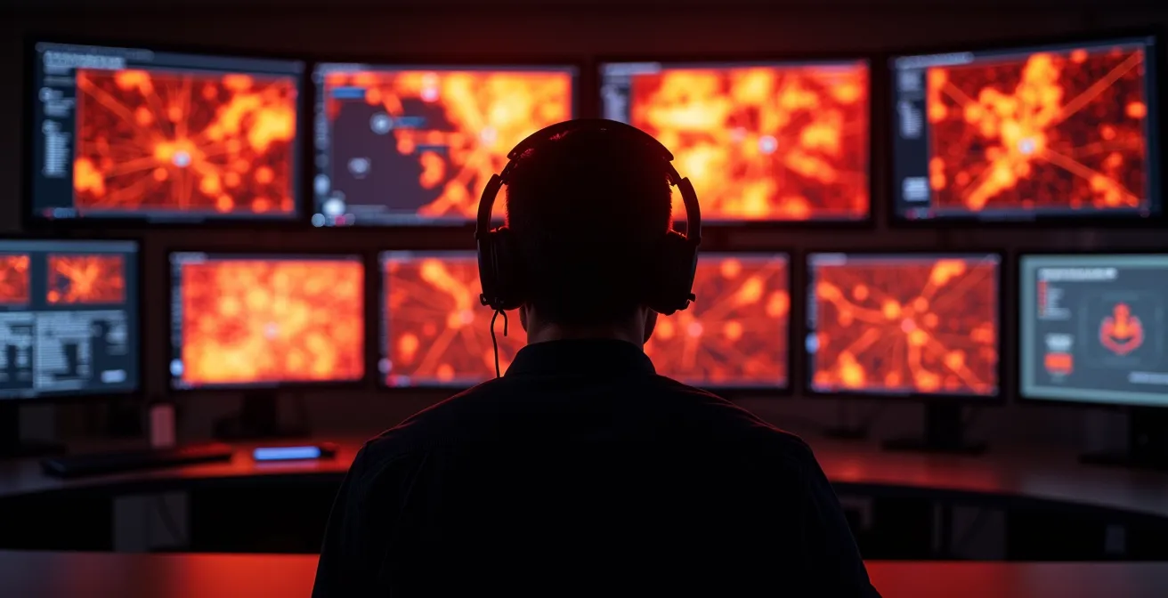 Salle de contrôle de surveillance nocturne avec cartes de géolocalisation abstraites et alertes visuelles