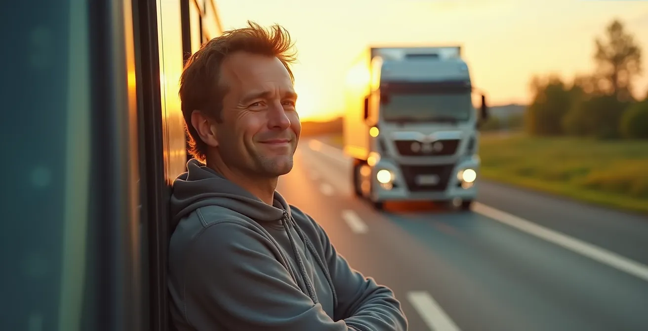Chauffeur prenant une pause détente dans une aire de repos moderne et sécurisée