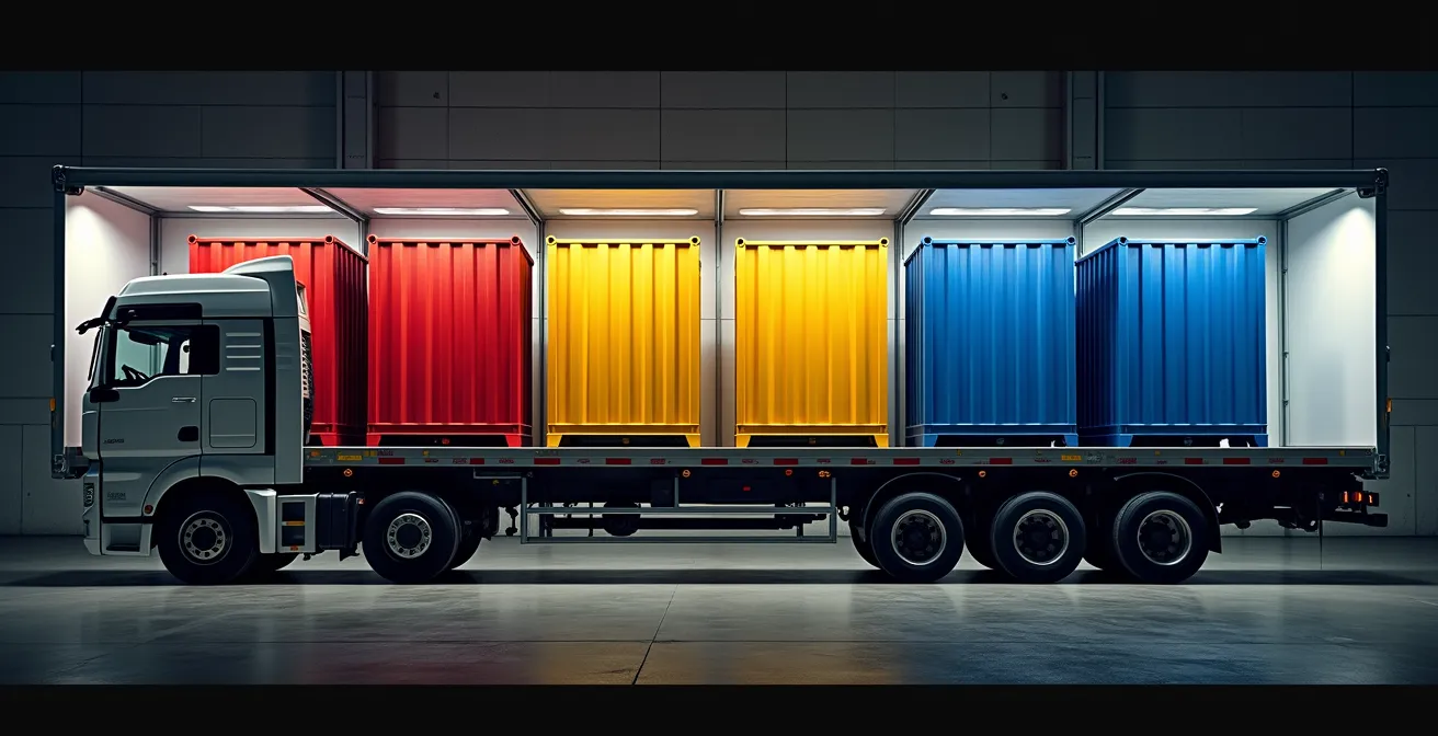 Vue en coupe d'un camion avec compartiments séparés pour matières dangereuses incompatibles