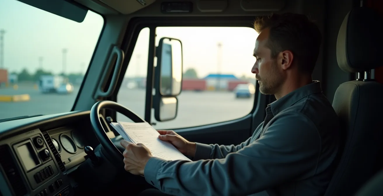 Conducteur de camion professionnel vérifiant ses documents près d'un poste de contrôle