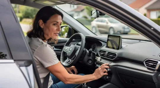 Conductrice française consultant son smartphone dans sa voiture familiale pour comparer les assurances auto