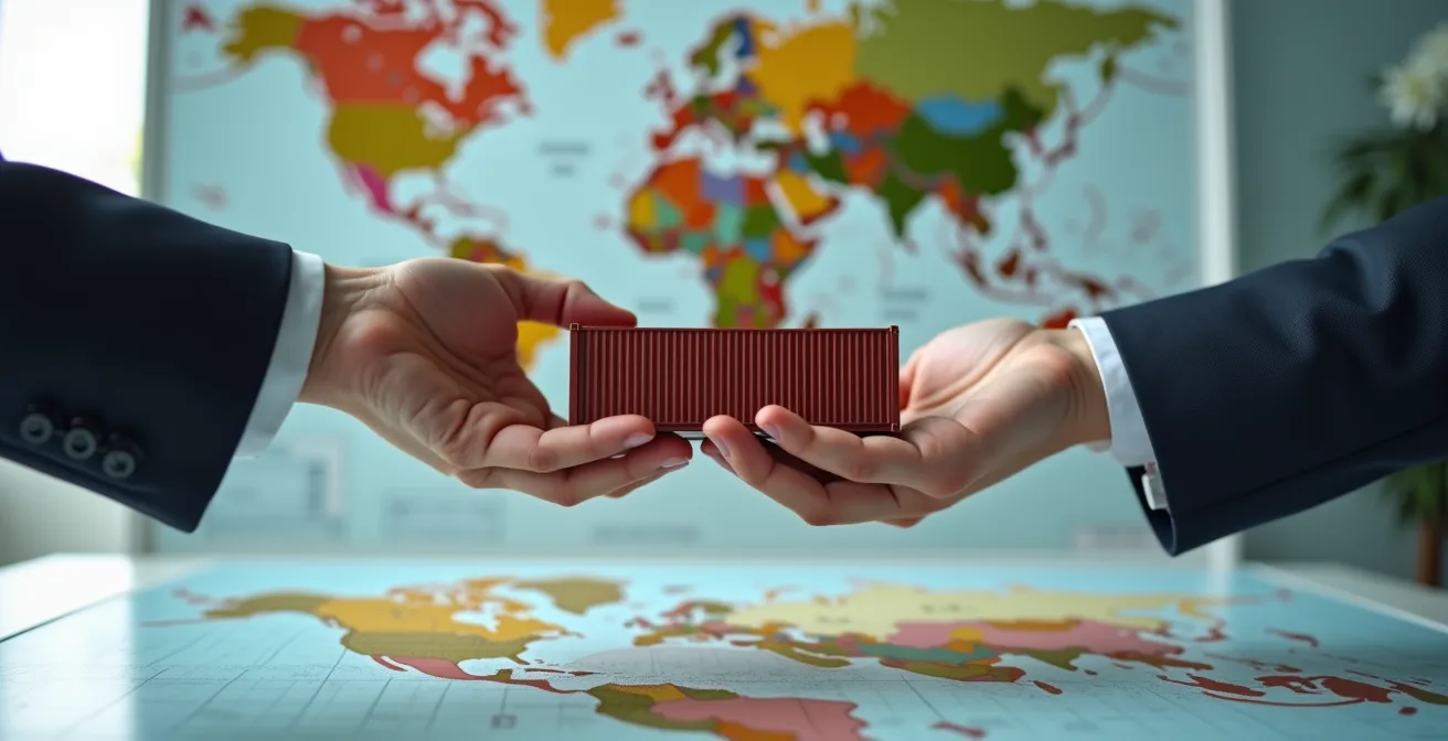 Deux mains professionnelles échangeant symboliquement un conteneur miniature au-dessus d'une carte mondiale