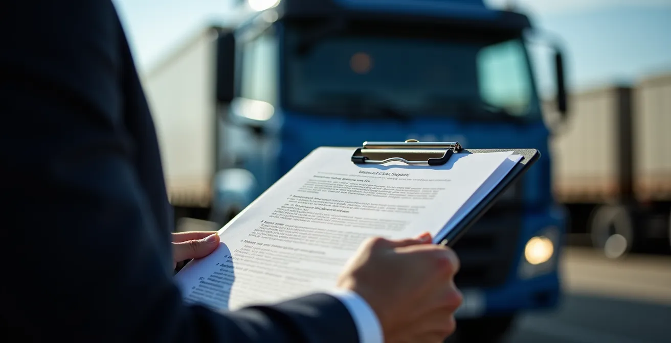 Inspection DREAL d'un camion sur aire d'autoroute avec contrôleur examinant des documents