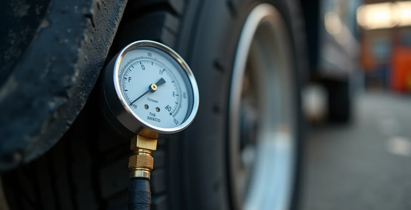 Technicien vérifiant la pression des pneus d'un véhicule utilitaire avec manomètre professionnel