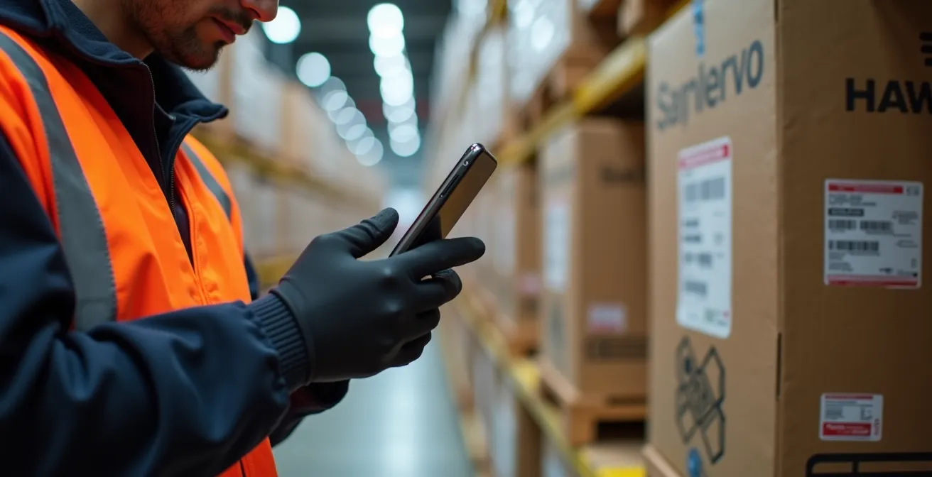 Opérateur logistique utilisant une application mobile pour documenter l'état d'une palette en zone de transit