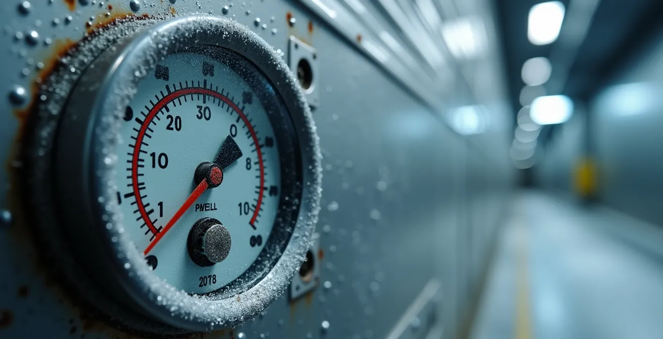 Vue macro sur un thermomètre industriel indiquant une température critique