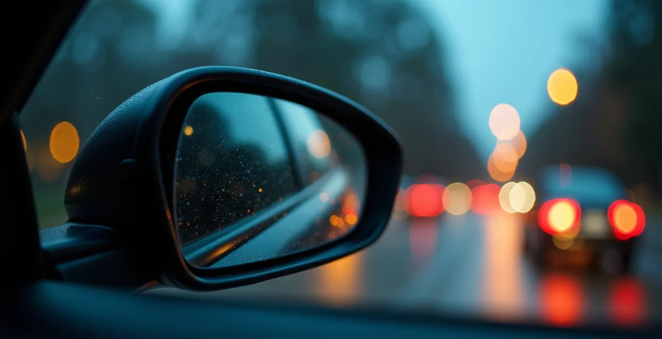 Gros plan sur un rétroviseur intérieur de véhicule, avec le reflet abstrait et flou de la route, symbolisant l'enregistrement par une dashcam pour la sécurité.