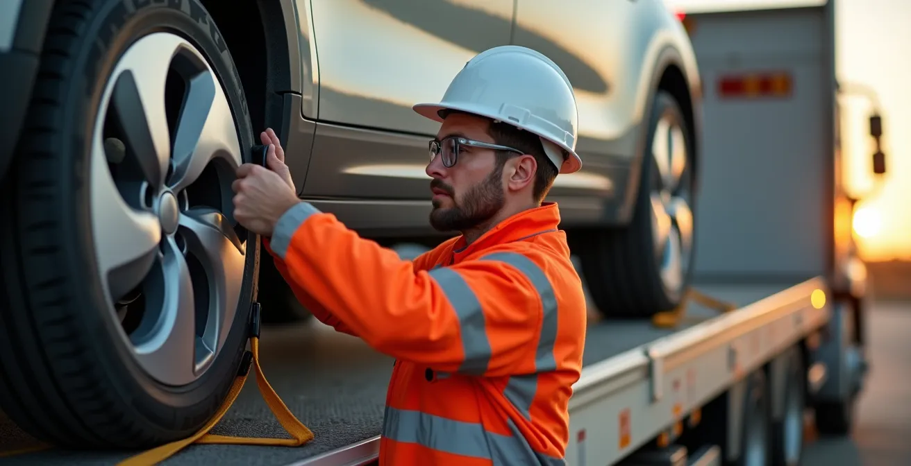 Chargement d'un véhicule électrique sur une dépanneuse plateau professionnelle
