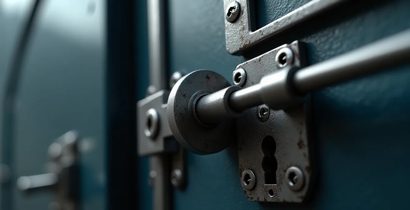 Gros plan macro sur un système de verrouillage haute sécurité en acier