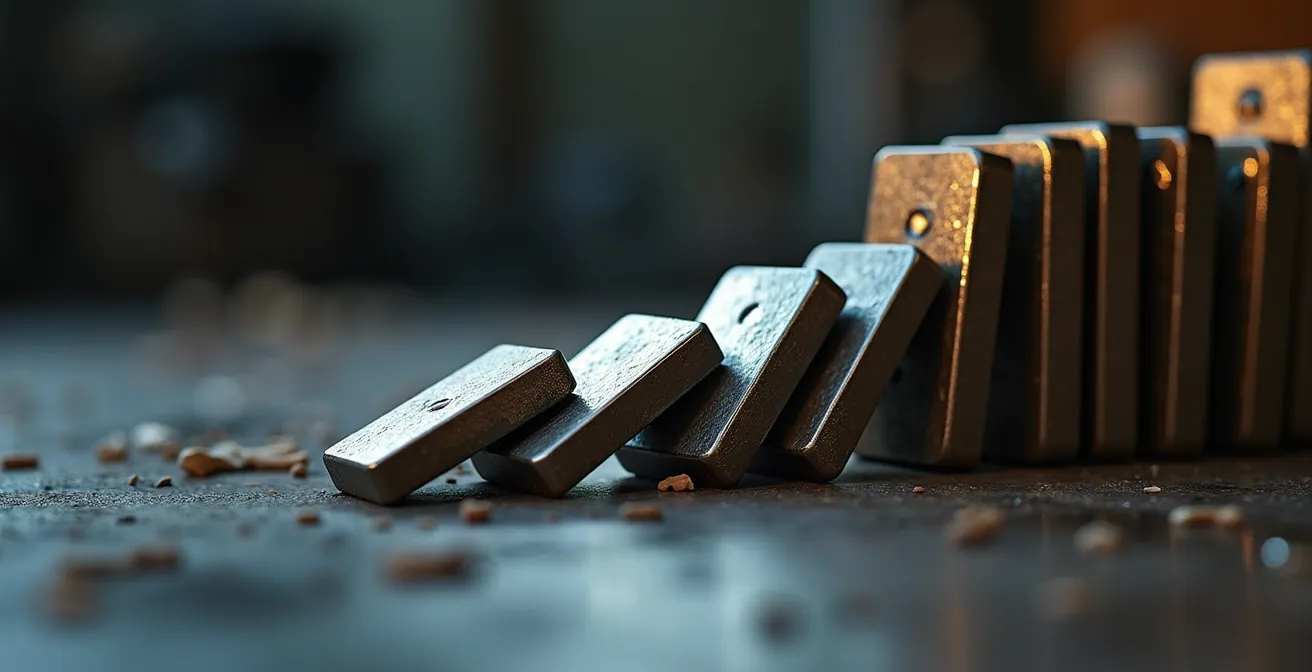 Vue macro d'un mécanisme de dominos métalliques symbolisant l'effet cascade des risques logistiques