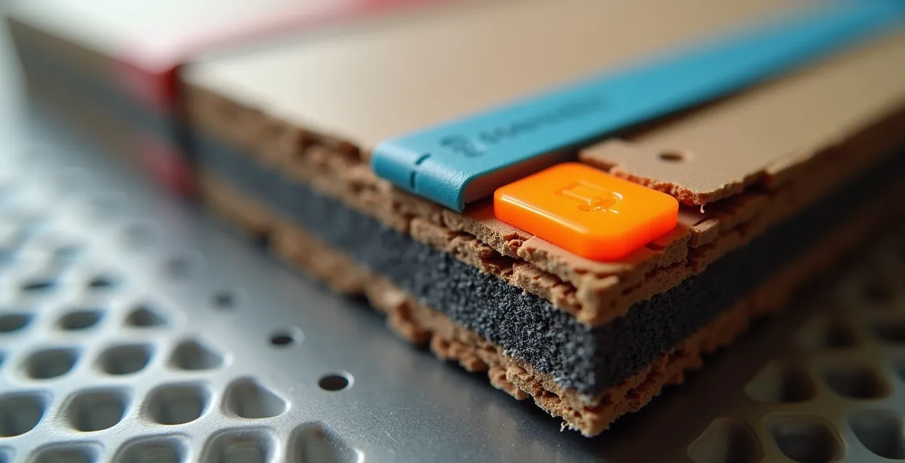 Vue macro d'un indicateur de choc sur emballage renforcé montrant les zones de protection multicouches