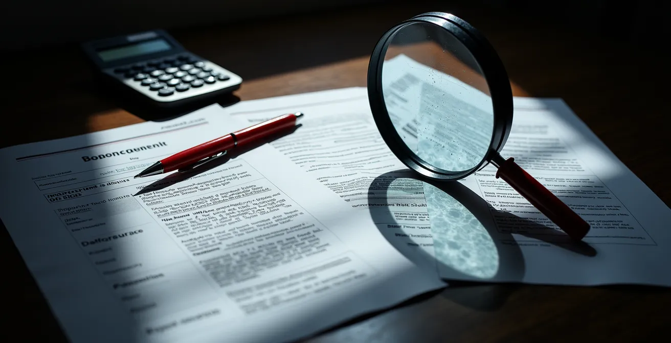 Documents d'assurance avec mise en évidence symbolique d'une erreur de déclaration sur un bureau