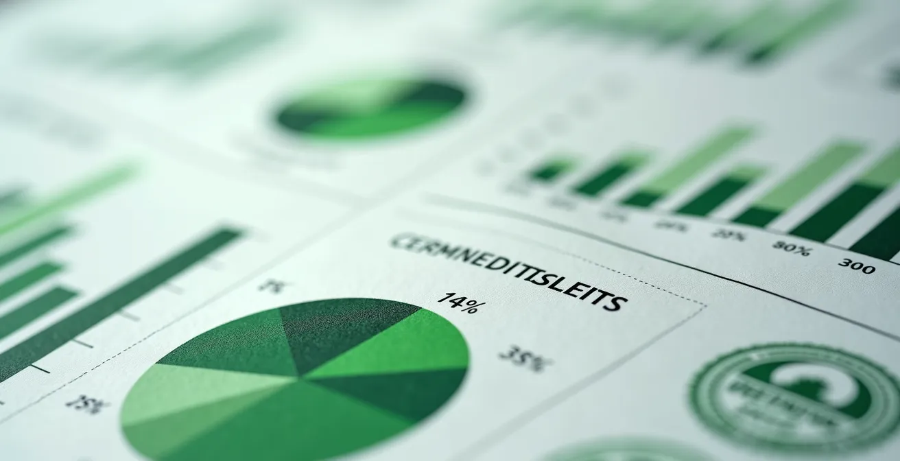 Vue macro détaillée de documents d'évaluation RSE avec graphiques de performance environnementale