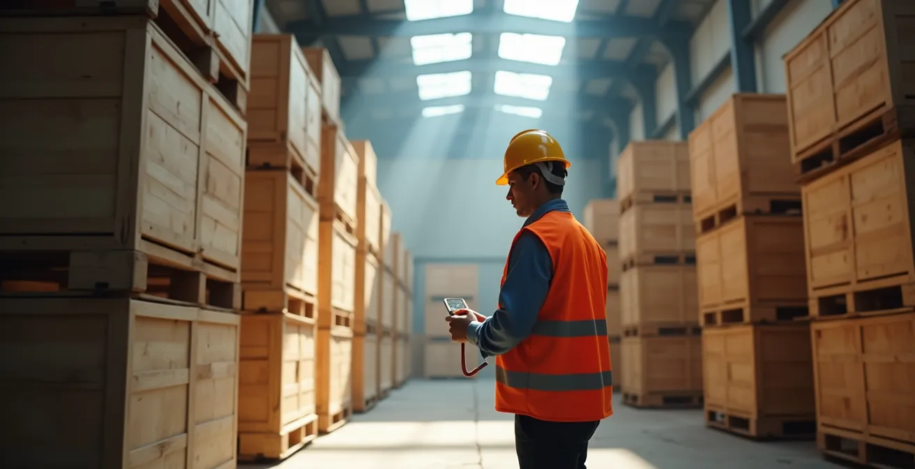Expert inspectant des marchandises avec équipement professionnel dans entrepôt