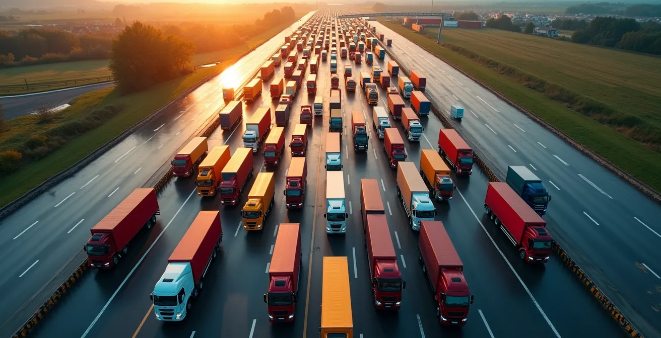 Vue aérienne de camions en file d'attente à un poste frontière européen