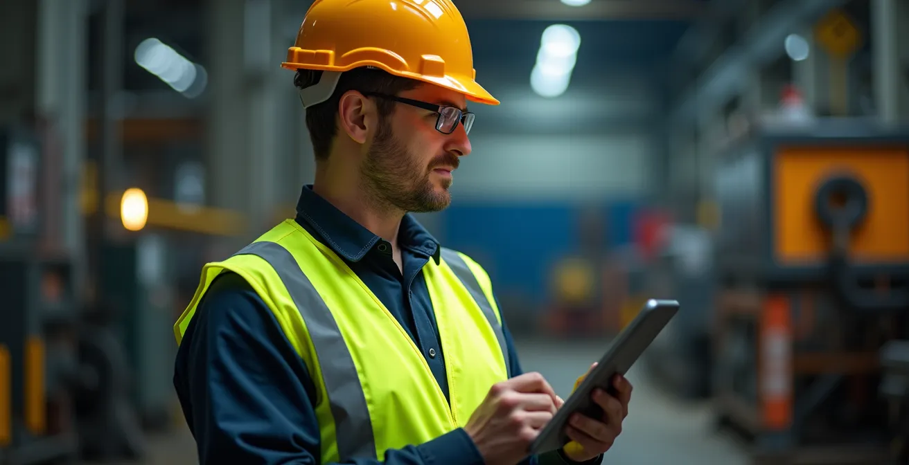 Technicien utilisant une solution numérique pour la gestion des permis feu dans un environnement industriel