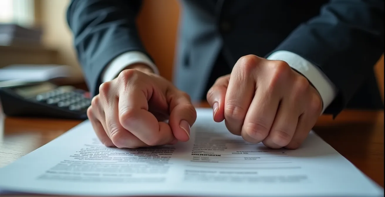 Visualisation de l'impact financier d'une avarie commune sans assurance, montrant des mains crispées sur un bureau.