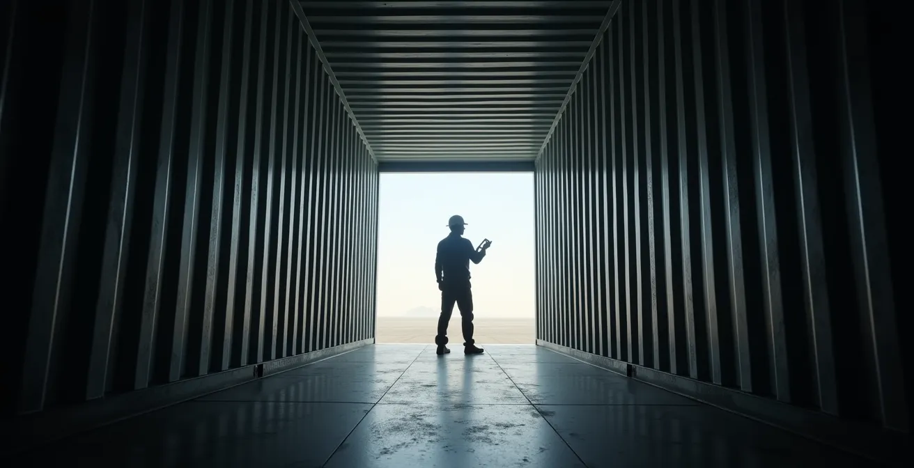 Inspecteur examinant l'intérieur d'un conteneur maritime vide avec lampe torche révélant les détails de structure