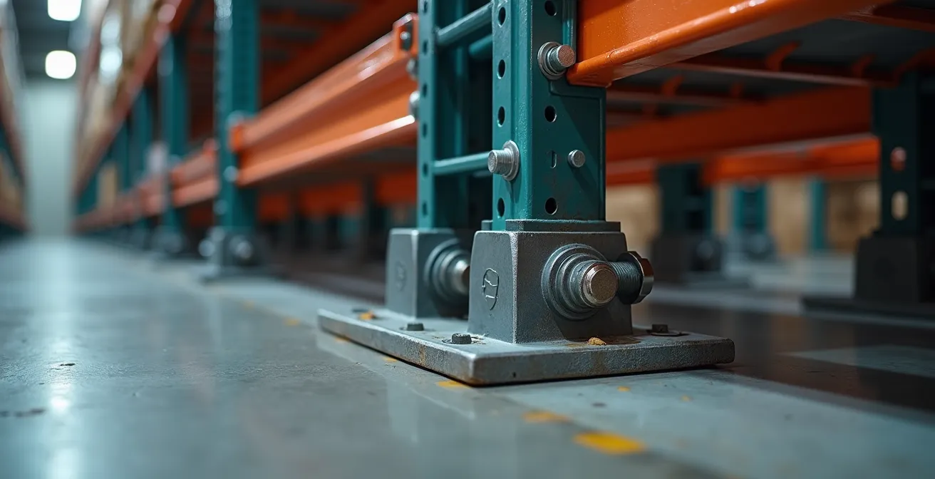 Inspection technique détaillée d'un système de rayonnage industriel avec focus sur les points d'ancrage