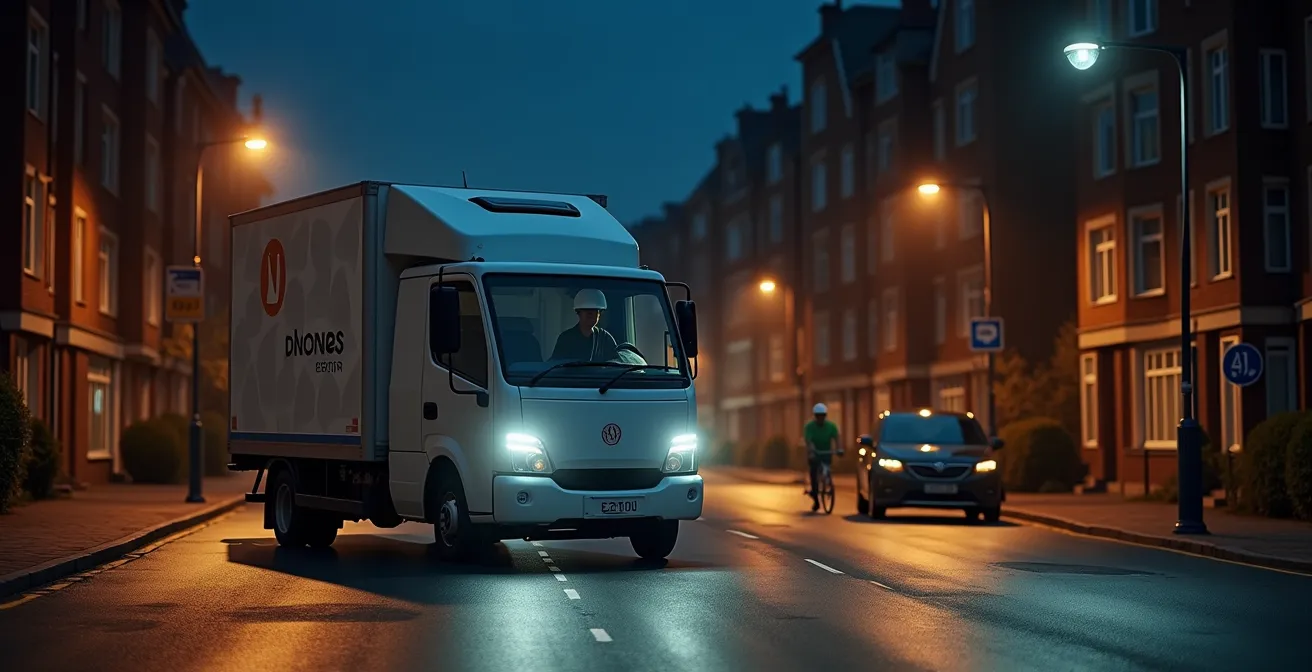 Véhicule de livraison électrique de nuit en zone urbaine avec équipements antibruit