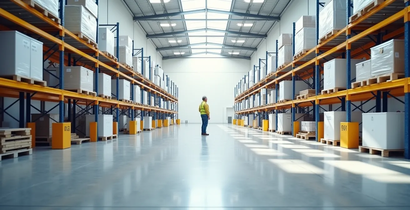 Vue minimaliste d'un entrepôt moderne avec organisation optimisée et espaces de circulation sécurisés