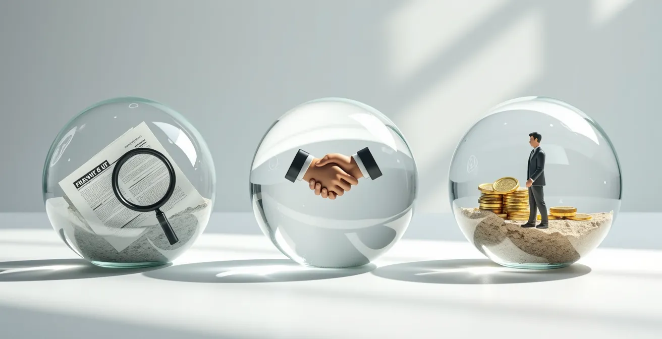 Schéma visuel du processus d'assurance-crédit avec trois étapes clés : prévention, recouvrement et indemnisation