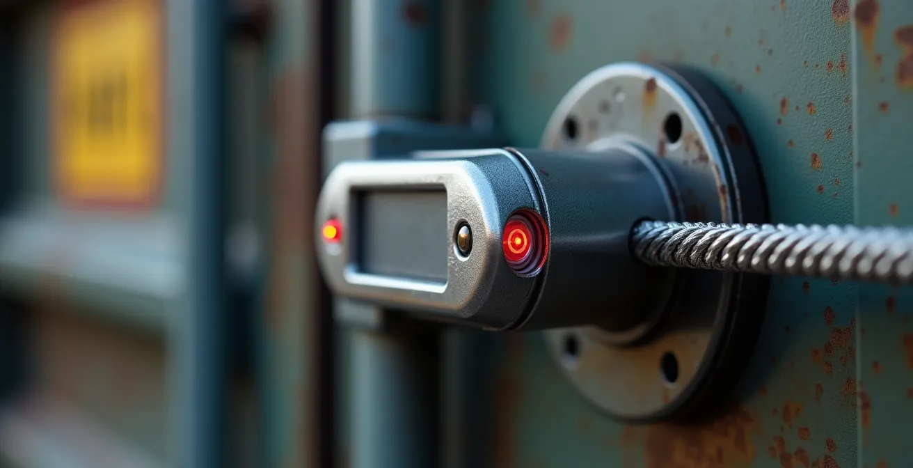 Gros plan macro sur un scellé électronique haute technologie fixé sur la porte d'un conteneur