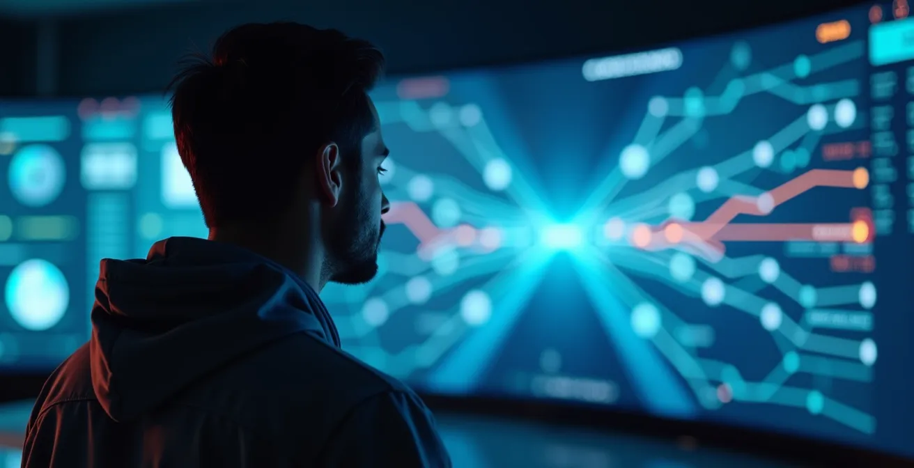 Écran de contrôle montrant une simulation 3D de flux logistiques sans texte visible