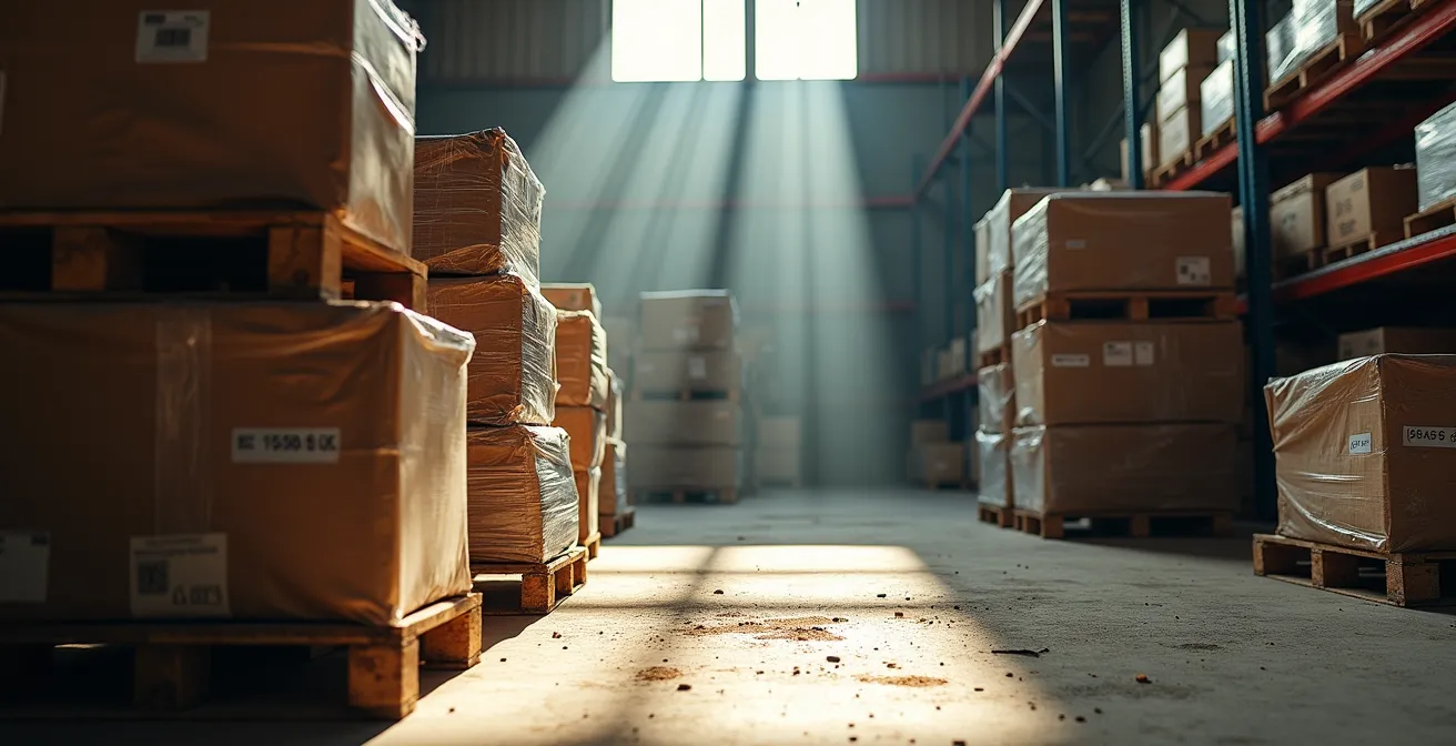 Zone de stockage avec palettes de produits anciens montrant la dépréciation progressive