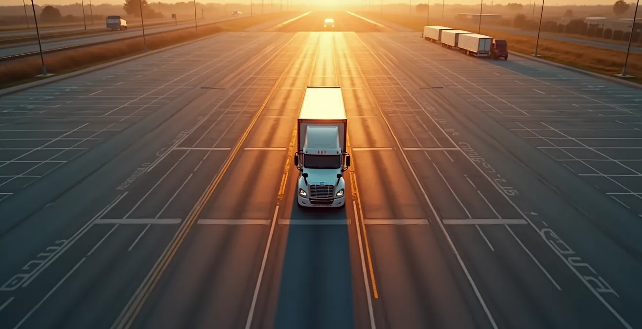 Vue aérienne minimaliste d'un camion sur une aire d'autoroute avec signal GPS symbolisé