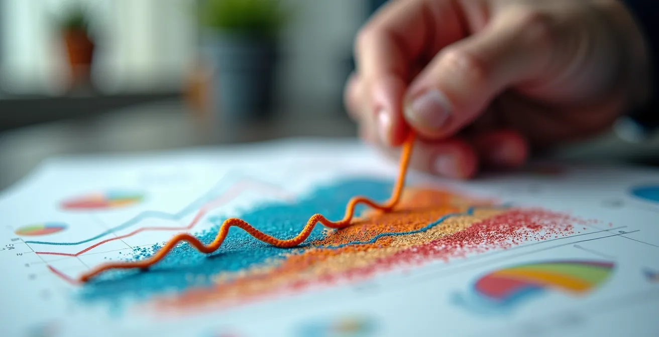 Gros plan sur des graphiques colorés abstraits représentant des tendances positives, main floue pointant vers les courbes